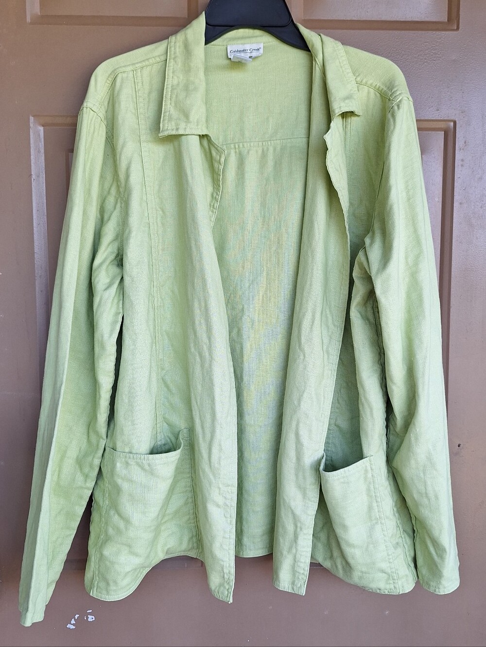 Coldwater Creek Womens L Chartreuse Open Lightweight Jacket 100% Linen Lagenlook